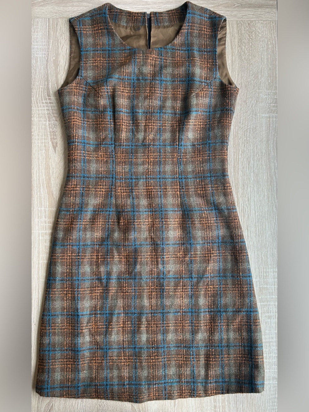 Sleeveless Plaid Sheath Dress Brown Blue Academia Vintage